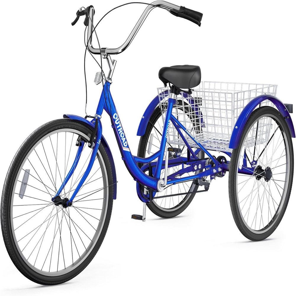Omelaza Adult Tricycle 26 Inch Single-Speed Tricycle with Detachable Large Basket for Shopping, Leisure, Commuting, Women Men Seniors Blue