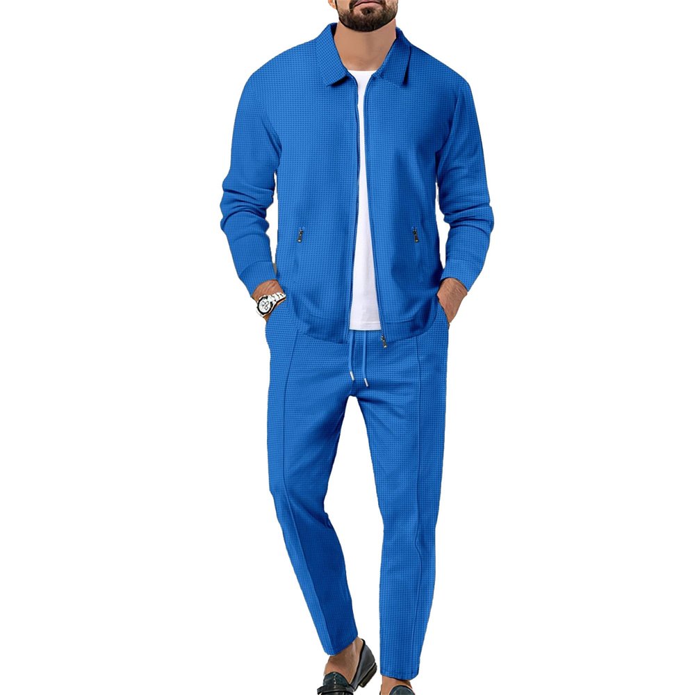 Men's Waffle 2 Piece Tracksuit Set Long Sleeve Full Zip Athletic Jogging Suit Sets Solid Color Casual Track Suits (Blue,Large)