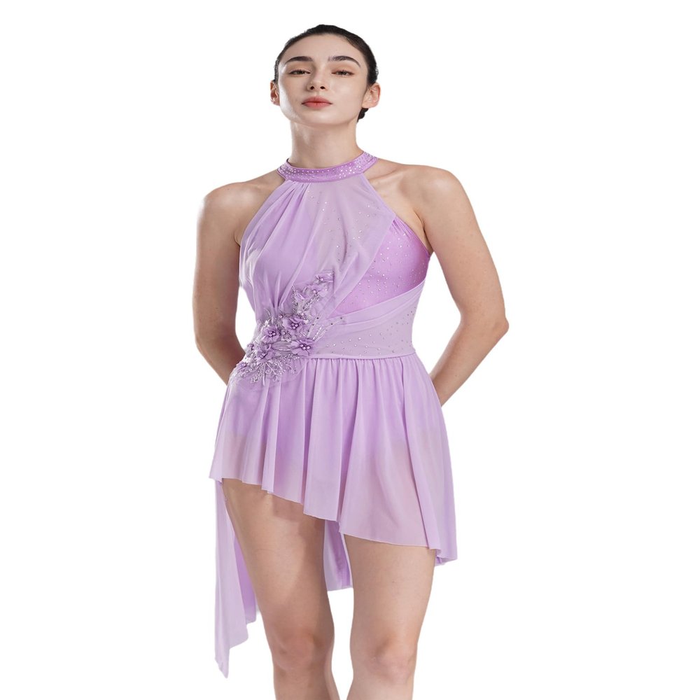 Hedmy Womens Lyrical Dance Dress Irregular Flowy Tulle Skirt Leotard Contemporary Dance Costume Light Purple XX-Large