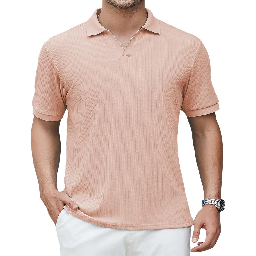 Alex Vando Men's Knit Polo Shirts V Neck Casual Short Sleeve Regular Fit Jacquard Golf Polo Shirts for Men,Pink,XL
