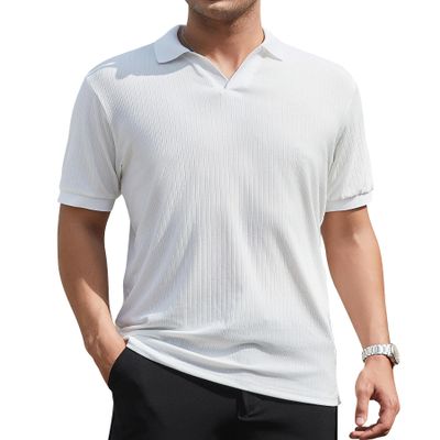 Alex Vando Men's Knit Polo Shirts V Neck Casual Short Sleeve Regular Fit Jacquard Golf Polo Shirts for Men,White,M
