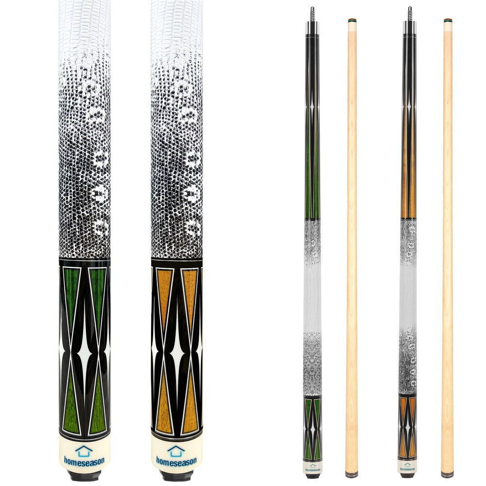 HomeSeason Set of 2 Pool Cue Stick 58" Billiard Cue Sticks 3D Printed Grip Professional Low Deflection Pool Sticks Maple Wood Pool Sticks 19/20oz 13mm Tip