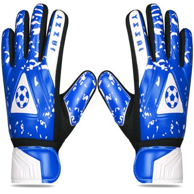 Jazzy Sports Goalkeeper Gloves for Youth, Kids Goalie Gloves with Double Wrist Protection, Non-Slip Latex Material, Adult Soccer Goalkeeper Gloves (Blue, Size 4 Suitable for 6-9 Years)