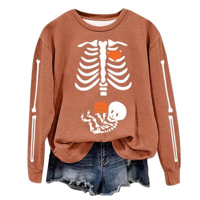 Skeleton Halloween Maternity Sweatshirt Oversized Funny Heart Pumpkin Baby Crew Neck Pullover Tops Xray Sweaters