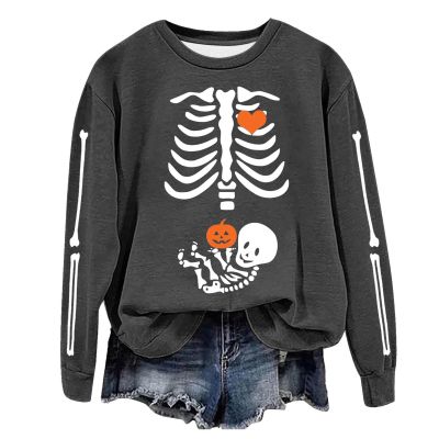 Skeleton Halloween Maternity Sweatshirt Oversized Funny Heart Pumpkin Baby Crew Neck Pullover Tops Xray Sweaters