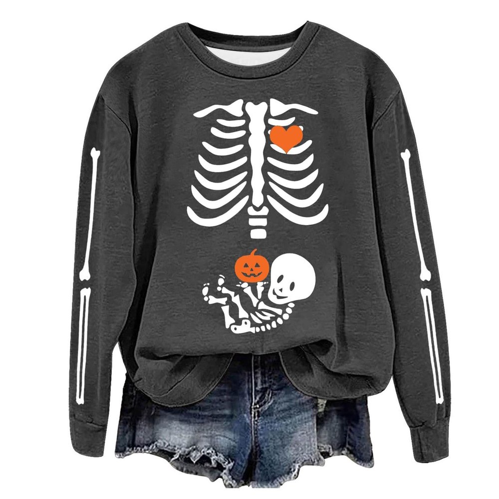 Skeleton Halloween Maternity Sweatshirt Oversized Funny Heart Pumpkin Baby Crew Neck Pullover Tops Xray Sweaters