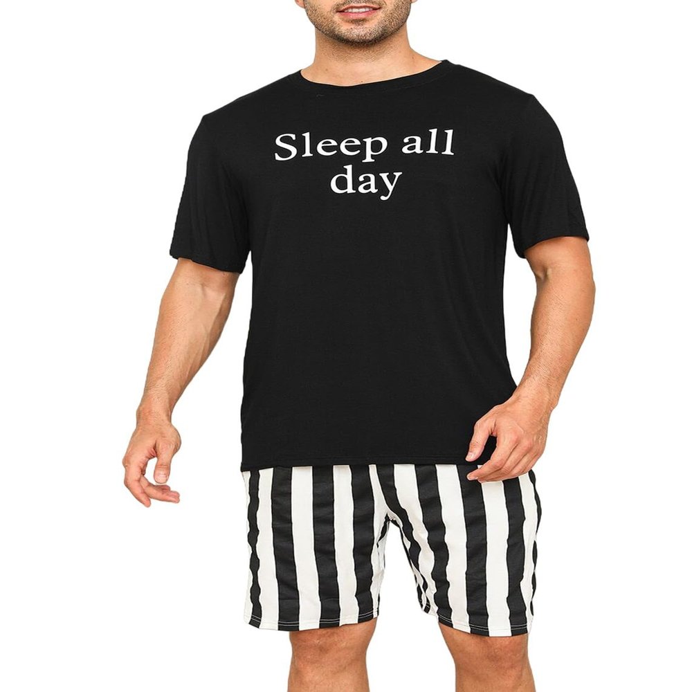 EISHOPEER Men's Modal Printed Top and Shorts Pajama Sleep Set Black & Stripe Small