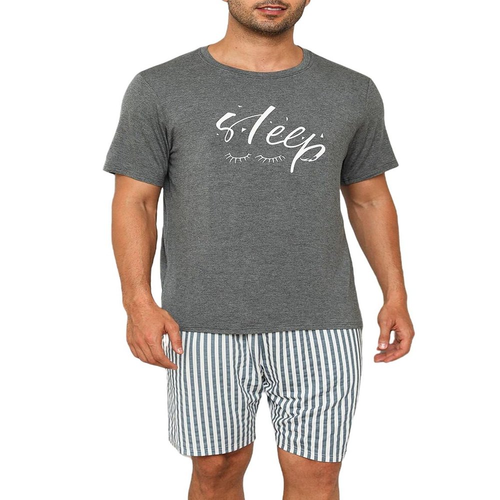 EISHOPEER Couple Matching Pajamas Sets Modal Pjs Short Sleeve Tops and Printed Short for Mens Dark Grey & Stripe XX-Large