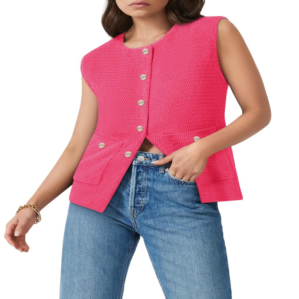 Womens Sweater Vest Sleeveless Button Down Round Neck Knitted Tank Tops Casual Cardigan for Women Rose red L