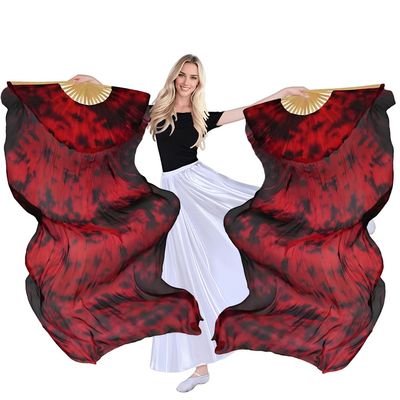 TRIMODI 1 Pair(Left+Right) Women Hand Made Real Silk Belly Dance Fan Veils, Giadient Color Length 180cm Width 90cm (Black red tie Dyed)