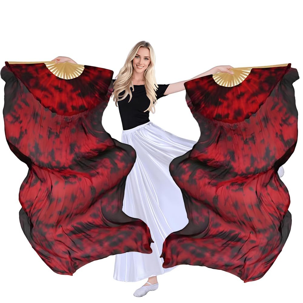 TRIMODI 1 Pair(Left+Right) Women Hand Made Real Silk Belly Dance Fan Veils, Giadient Color Length 180cm Width 90cm (Black red tie Dyed)