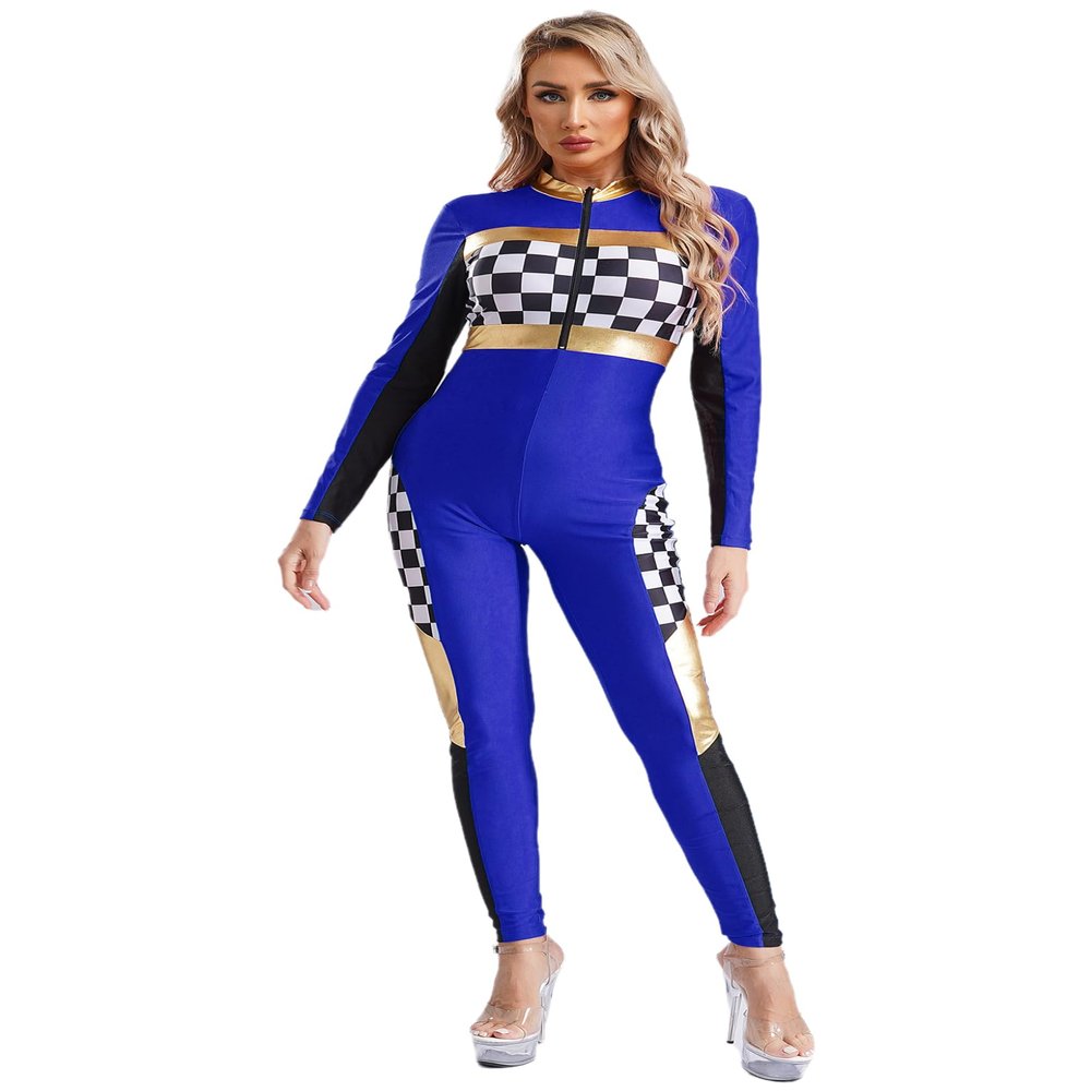 Lejafay Womens Adult Sexy Racer Costume Race Car Driver Jumpsuit Star Your Engines Halloween Costume Royal Blue 3X-Large