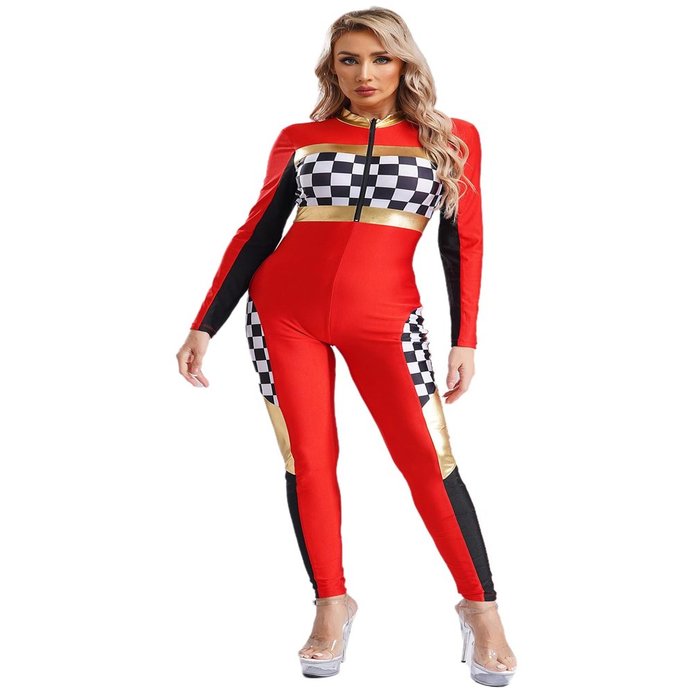 Hedmy Women's Halloween Racer Costume Speed Car Driver Jumpsuit Bodysuit Checkerboard Racing Costume Red XX-Large