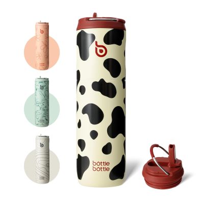 BOTTLE BOTTLE Insulated Water Bottle 24oz with Straw Lid and Handle for Sports Travel Gym Stainless Steel Water Bottles Double-Wall Vacuum Metal Leak Proof BPA-Free (Cow)