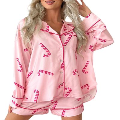 UAURORAO Women Christmas Cartoon Satin Shorts Set Sequin Long Sleeve Cute Pink Candy Cane Pj Glitter Pj Set Sleepwear(Candy Pink,Medium)