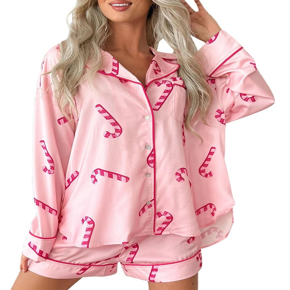 UAURORAO Women Christmas Cartoon Satin Shorts Set Sequin Long Sleeve Cute Pink Candy Cane Pj Glitter Pj Set Sleepwear(Candy Pink,Medium)