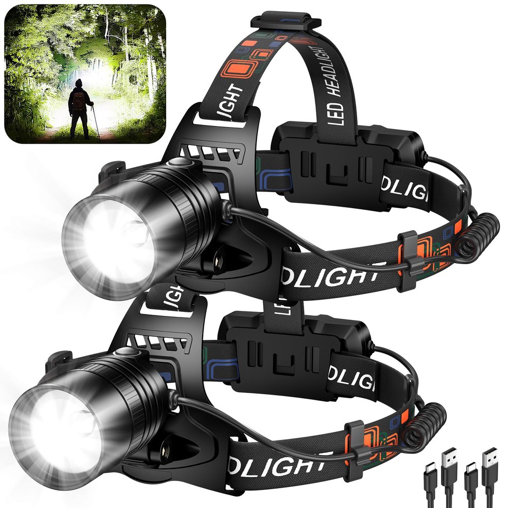 crazybrace Rechargeable Led Headlamp 2Pack, 99000 Lumen Super Bright Head Lamp with 3 Modes & 90 Adjustable, Brightest Headlamp 30H Long Runtime, Powerful Waterproof Headlamps for Adults Camping