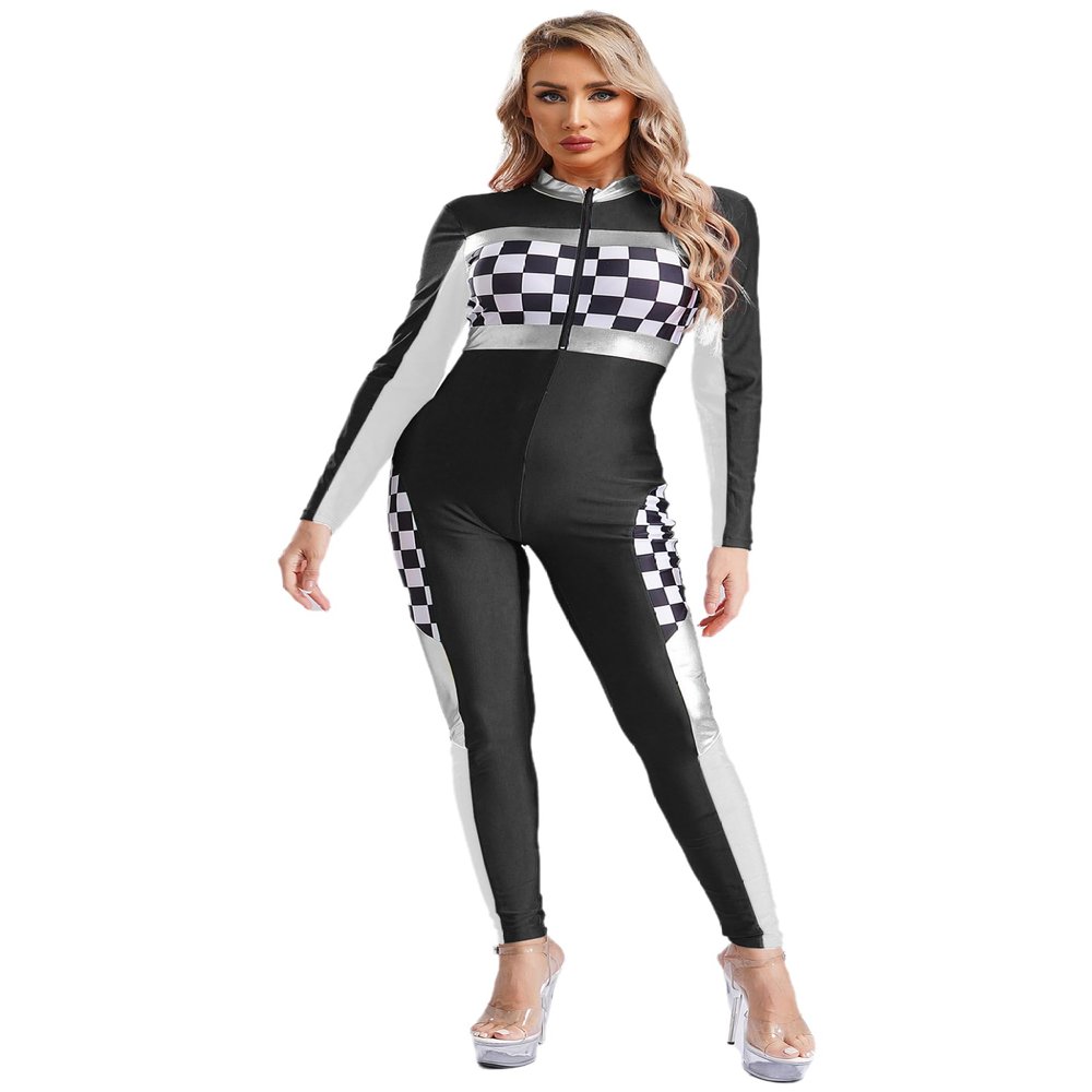 Lorilida Race Car Driver Costume Women Halloween Sexy Racer Car Jumper Costume Bodysuits Jumpsuit Black 3X-Large