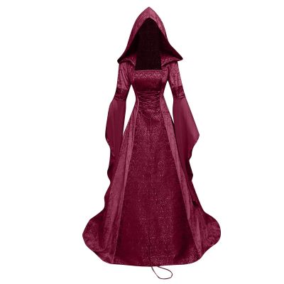 SACFOF Renaissance Dress for Women Halloween Funny Costume Medieval Gothic Dress Hooded Victorian Maxi Dress Cosplay