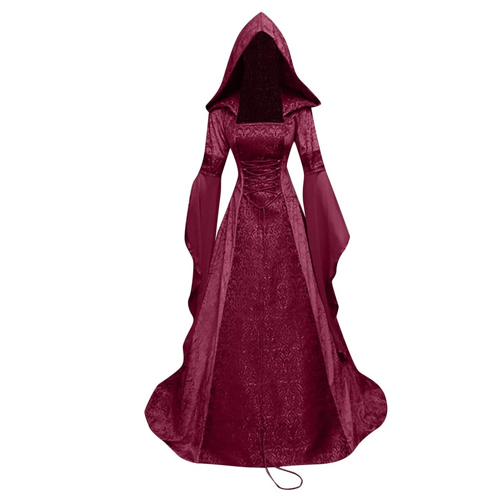 SACFOF Renaissance Dress for Women Halloween Funny Costume Medieval Gothic Dress Hooded Victorian Maxi Dress Cosplay