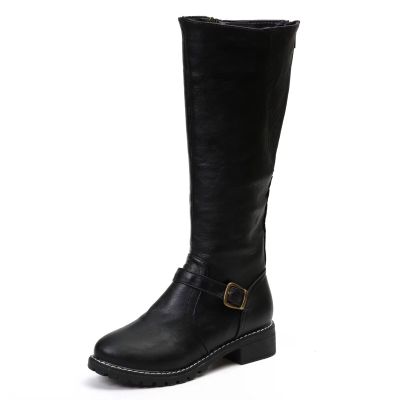 Womens's Knee High Boots Low Heel Wide Calf Round Toe Tall Riding Boots Side Zipper Slouchy Buckle Strap Western Booties