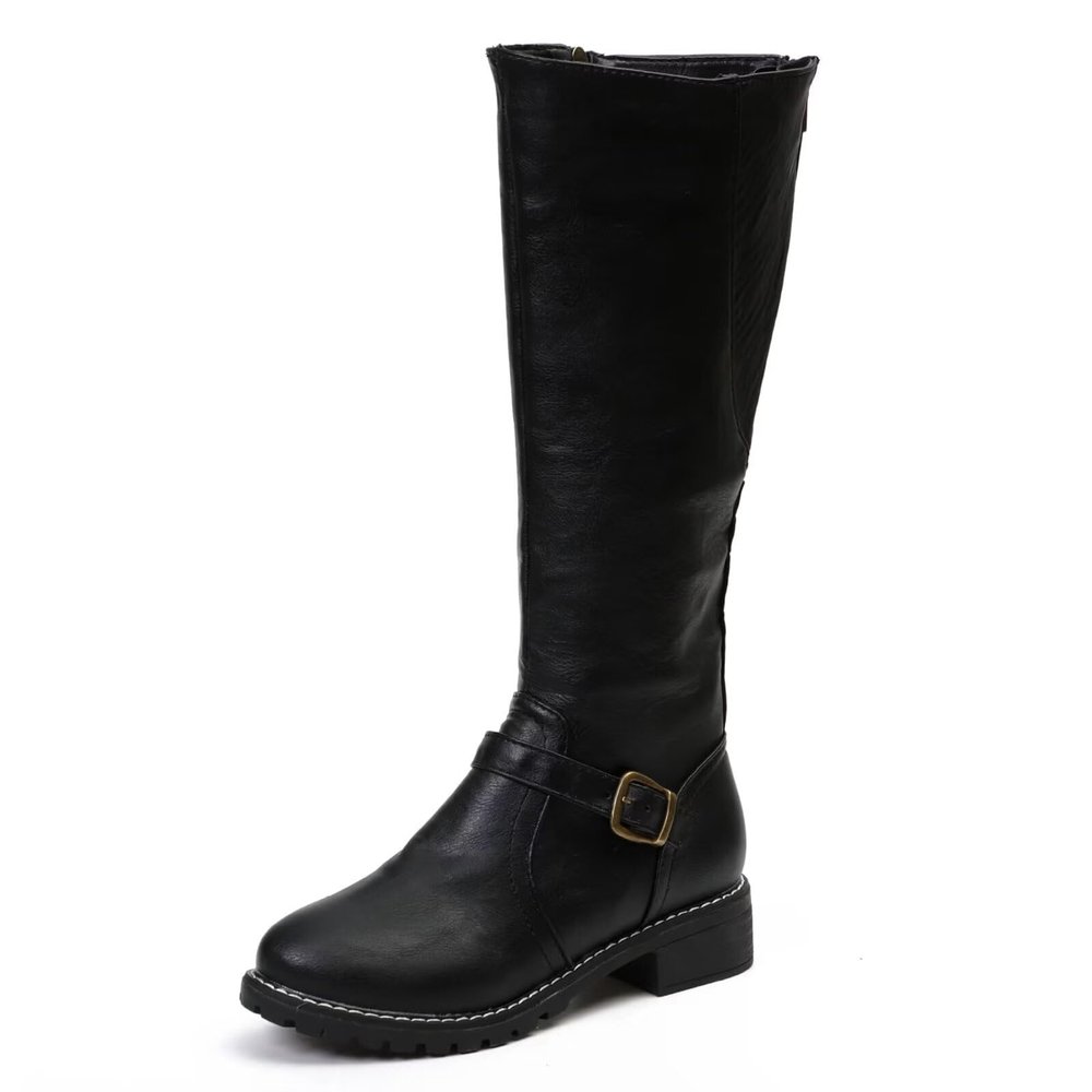 Womens's Knee High Boots Low Heel Wide Calf Round Toe Tall Riding Boots Side Zipper Slouchy Buckle Strap Western Booties