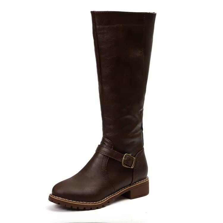 Womens's Knee High Boots Low Heel Wide Calf Round Toe Tall Riding Boots Side Zipper Slouchy Buckle Strap Western Booties