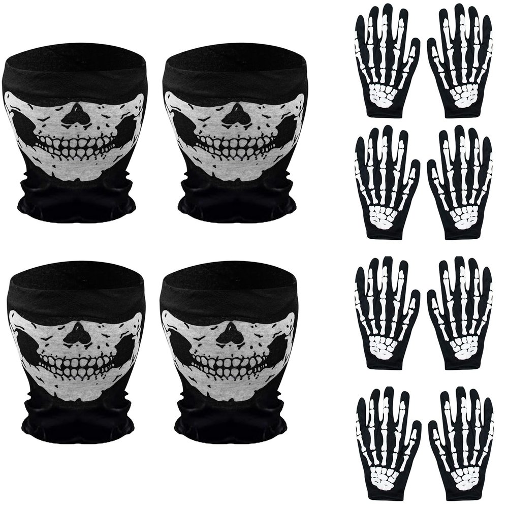 White Skeleton Gloves and Skull Face Mask Ghost Bones for Halloween Dance Costume Party, Cosplay, Cycling, Running