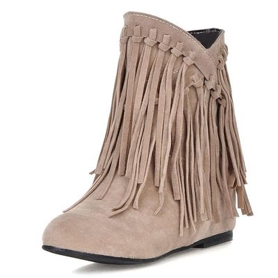 Womens Ankle Fringe Boots Round Toe WinterWide Calf Flat Tassel Moccasin Boots Casual Hidden Wedge Low Heel Ankle Boots