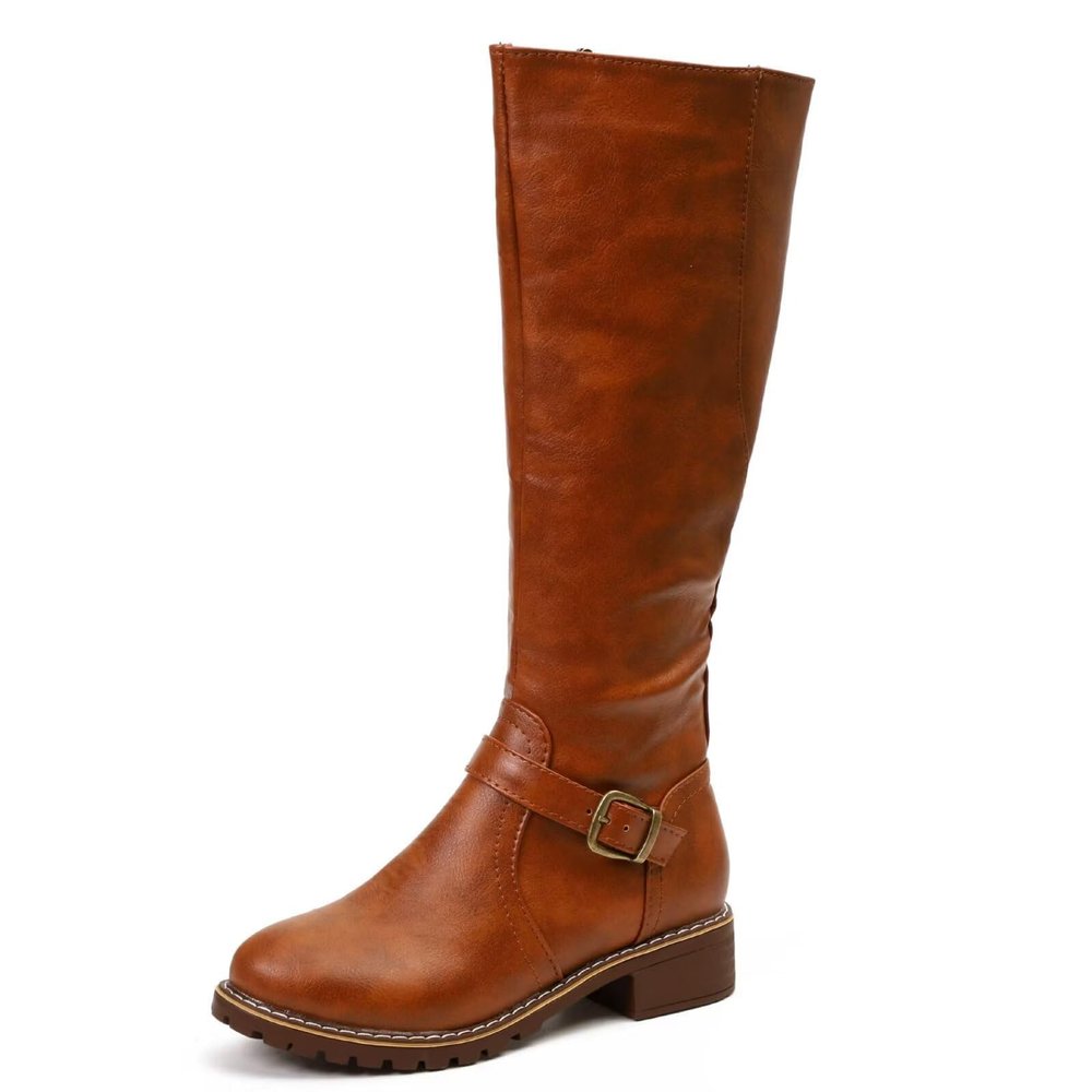 Womens's Knee High Boots Low Heel Wide Calf Round Toe Tall Riding Boots Side Zipper Slouchy Buckle Strap Western Booties