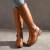 Womens's Knee High Boots Low Heel Wide Calf Round Toe Tall Riding Boots Side Zipper Slouchy Buckle Strap Western Booties view 2