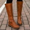 Womens's Knee High Boots Low Heel Wide Calf Round Toe Tall Riding Boots Side Zipper Slouchy Buckle Strap Western Booties view 3
