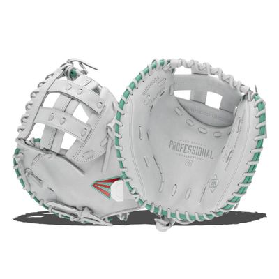 Easton | Professional Collection SIGNAUTRE Series Fastpitch Softball Catcher's Mitt | Jen Schroeder Model | 34" | Pro H-Web | Left Hand Throw | White/Teal