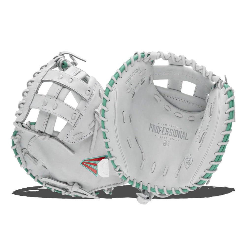 Easton | Professional Collection SIGNAUTRE Series Fastpitch Softball Catcher's Mitt | Jen Schroeder Model | 34" | Pro H-Web | Left Hand Throw | White/Teal