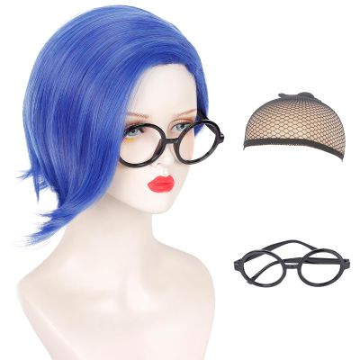 Askuang Women Asymmetrical Short Blue Bob Wig for Costume with Black Glasses Short Blue Hair Wig for Dress Up Party