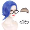 Askuang Women Asymmetrical Short Blue Bob Wig for Costume with Black Glasses Short Blue Hair Wig for Dress Up Party view 1