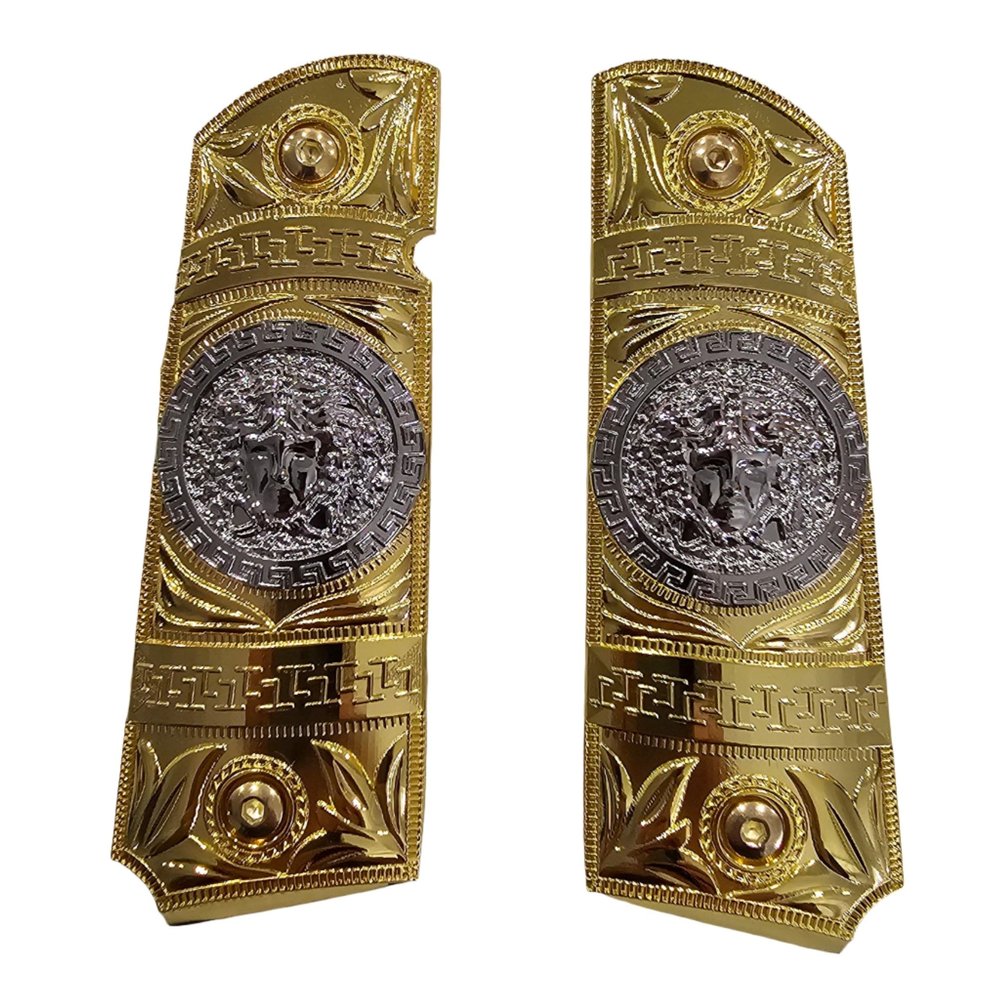 1911 Grips for Colt, Rock Island, Springfield, Taurus, High Polished Gold, Full Size (Government/Commander), Screws Included, Ambi Safety Cut