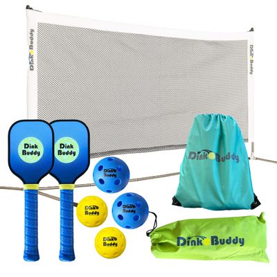 Dink Buddy - 3-in-1 Pickleball Trainer Set: 1 Mini 6 Wide Pickleball Net with Carrying Case, 4 Kelso Balls (2 Trainer + 2 Standard), 2 PickleDojo Paddles, & 1 Drawstring Backpack