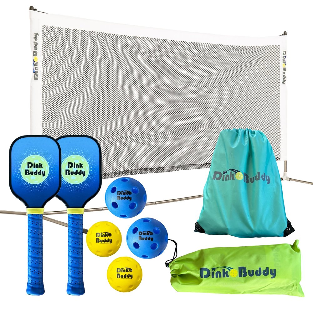 Dink Buddy - 3-in-1 Pickleball Trainer Set: 1 Mini 6 Wide Pickleball Net with Carrying Case, 4 Kelso Balls (2 Trainer + 2 Standard), 2 PickleDojo Paddles, & 1 Drawstring Backpack