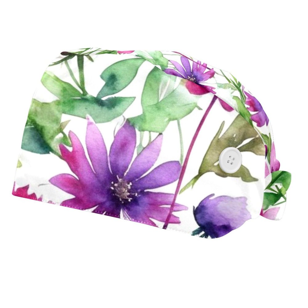 2 Pieces Scrub Caps Women Scrub Caps Surgical Cap for Home Flowers Garden Multicoloured