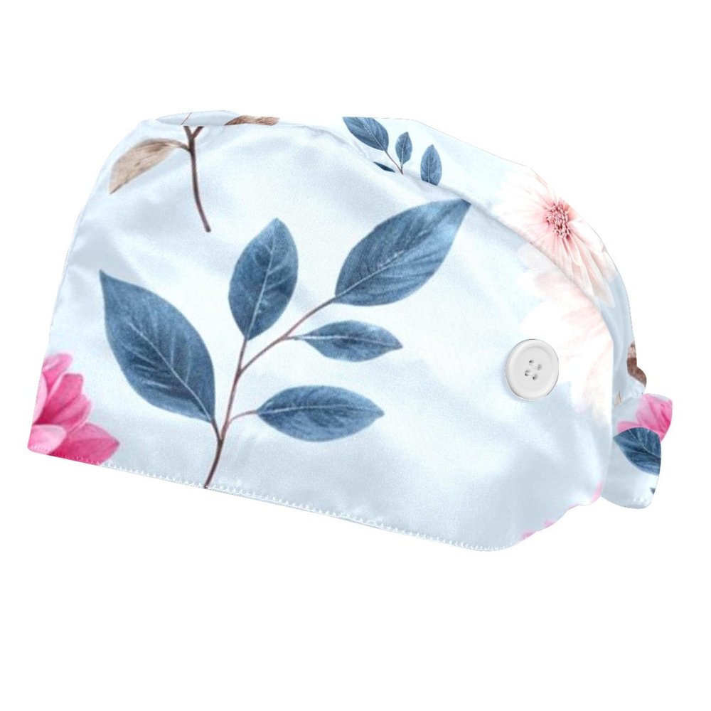 2 Pieces Scrub Caps Women Scrub Cap Men Surgical Caps for Home Plant Flower Branch Multicoloured