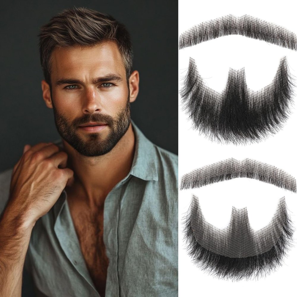 Fake Beard Realistic Beard 100% Human Hair Fake Face Beard Realistic Full Hand Tied Costume Facial Hair for ManAdults Lace Invisible Fake Mustache for Halloween Drama Party Movie Makeup(Black)