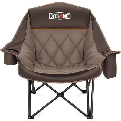 Overmont Oversized XL Camping Chair for Adults - 450lbs Support Heavy-Duty Padded Folding Chair with Side Pocket Cup Holder Cooling Bag for Outdoor Sports Garden Beach Fishing Lawn Khaki