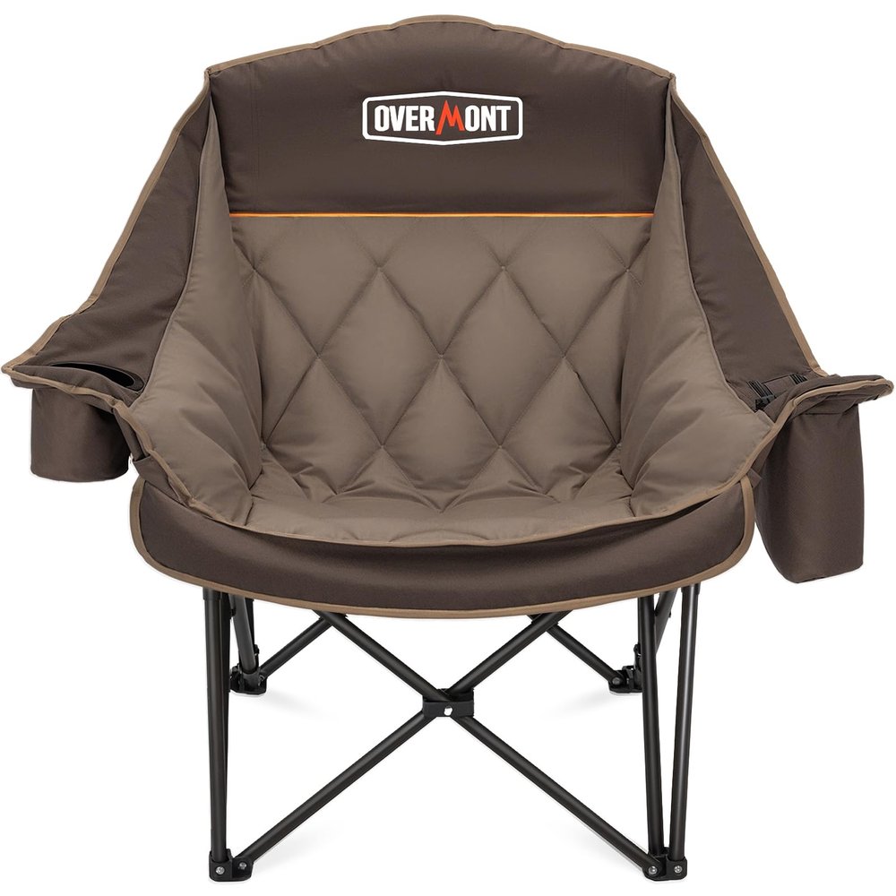 Overmont Oversized XL Camping Chair for Adults - 450lbs Support Heavy-Duty Padded Folding Chair with Side Pocket Cup Holder Cooling Bag for Outdoor Sports Garden Beach Fishing Lawn Khaki