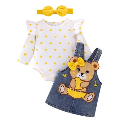 TOKIAGO 6 Month Girl Clothes Baby Fall Winter Outfits 3pcs Love Print Ruffle Long Sleeve Button Infant Romper Cute Bear Cartoon Jeans Suspender Skirt Bow Headband Set Yellow 6-9 Months