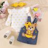 TOKIAGO 6 Month Girl Clothes Baby Fall Winter Outfits 3pcs Love Print Ruffle Long Sleeve Button Infant Romper Cute Bear Cartoon Jeans Suspender Skirt Bow Headband Set Yellow 6-9 Months view 2