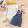 TOKIAGO 6 Month Girl Clothes Baby Fall Winter Outfits 3pcs Love Print Ruffle Long Sleeve Button Infant Romper Cute Bear Cartoon Jeans Suspender Skirt Bow Headband Set Yellow 6-9 Months view 3