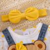 TOKIAGO 6 Month Girl Clothes Baby Fall Winter Outfits 3pcs Love Print Ruffle Long Sleeve Button Infant Romper Cute Bear Cartoon Jeans Suspender Skirt Bow Headband Set Yellow 6-9 Months view 4