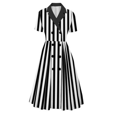 1950s Dresses for Women Vintage Striped Dress for Halloween Short Sleeve Midi Dress Vestidos De Mujer para Fiesta Cocktail Party Prom Dress Work Church Dress Wedding Guest White and Black Stripes 2XL