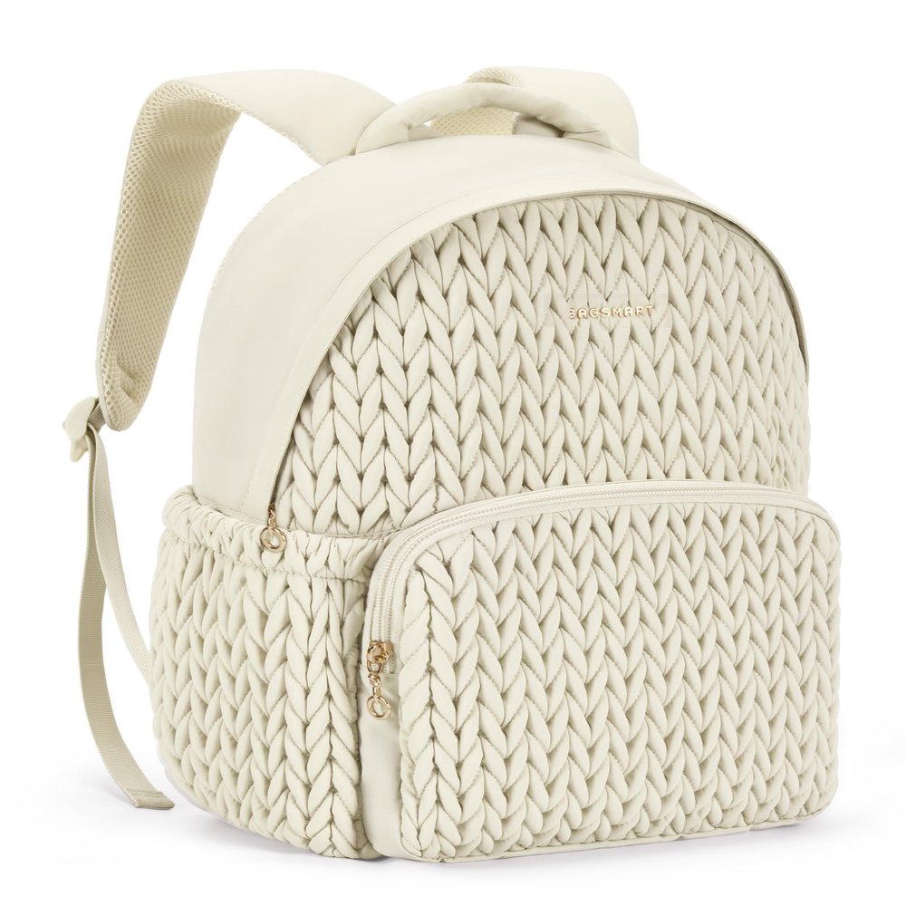 BAGSMART College Backpack for Women, Lightweight Puffy Travel Backpack, TSA Personal Item Casual Daypack, Beige